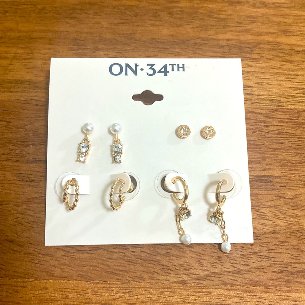 On 34th 4-piece Crystal & Imitation Pearl Gold Earring Set. Hoop drop + stud NWT
